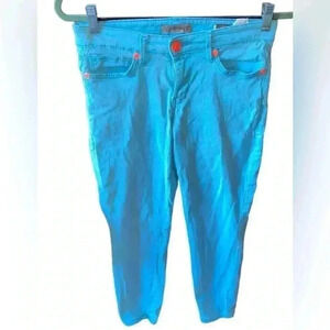 Nine West size 28/6 turquoise matchstick skinny denim twill. Neon coral buttons